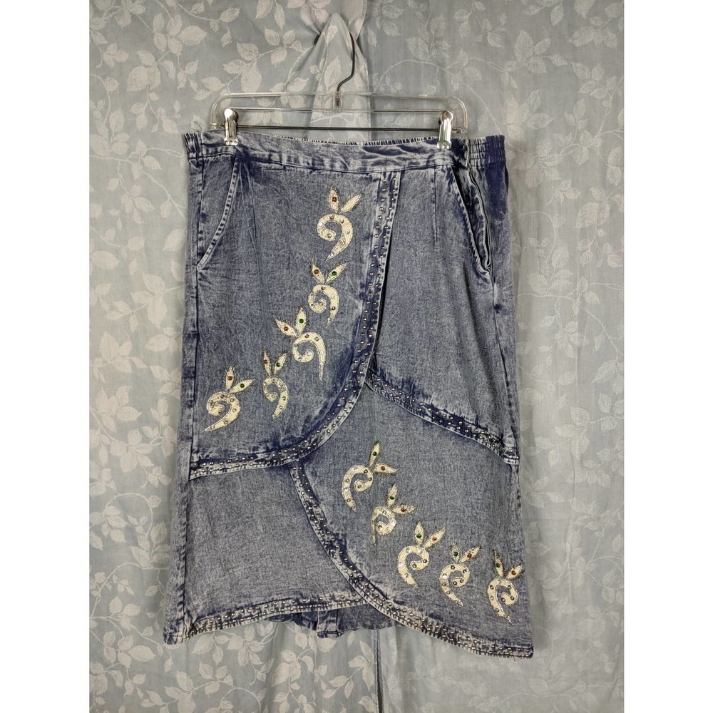 Vtg 80's Bedazzled Faux Wrap Midi Acid Wash Denim Skirt Sz 1X